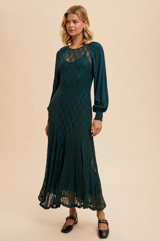 Raglan Vintage Lace Paneled Dress EVERGREEN