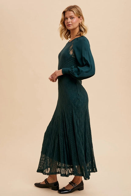 Raglan Vintage Lace Paneled Dress EVERGREEN