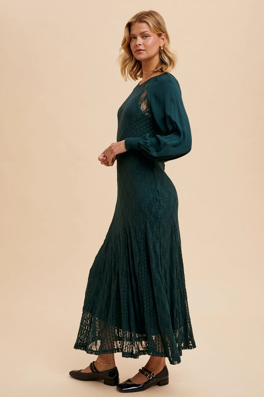 Raglan Vintage Lace Paneled Dress EVERGREEN