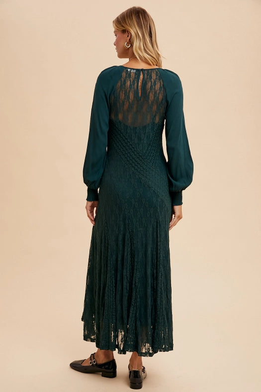 Raglan Vintage Lace Paneled Dress EVERGREEN