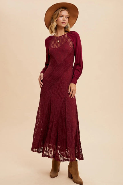 Raglan Vintage Lace Paneled Dress MERLOT