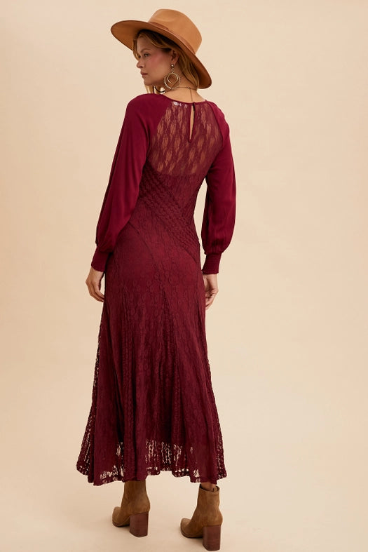 Raglan Vintage Lace Paneled Dress MERLOT