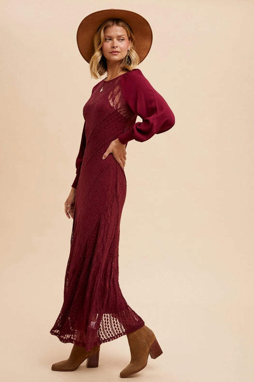 Raglan Vintage Lace Paneled Dress MERLOT