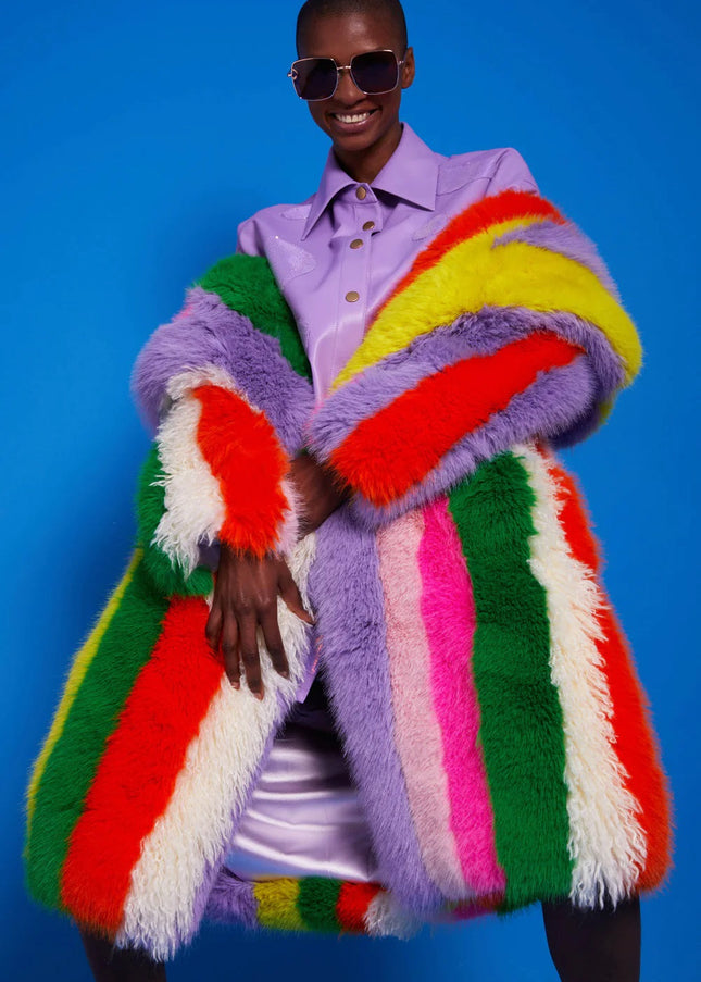 Rainbow Faux Fur Hand Crafted Eco Bamboo Maxi Coat-2