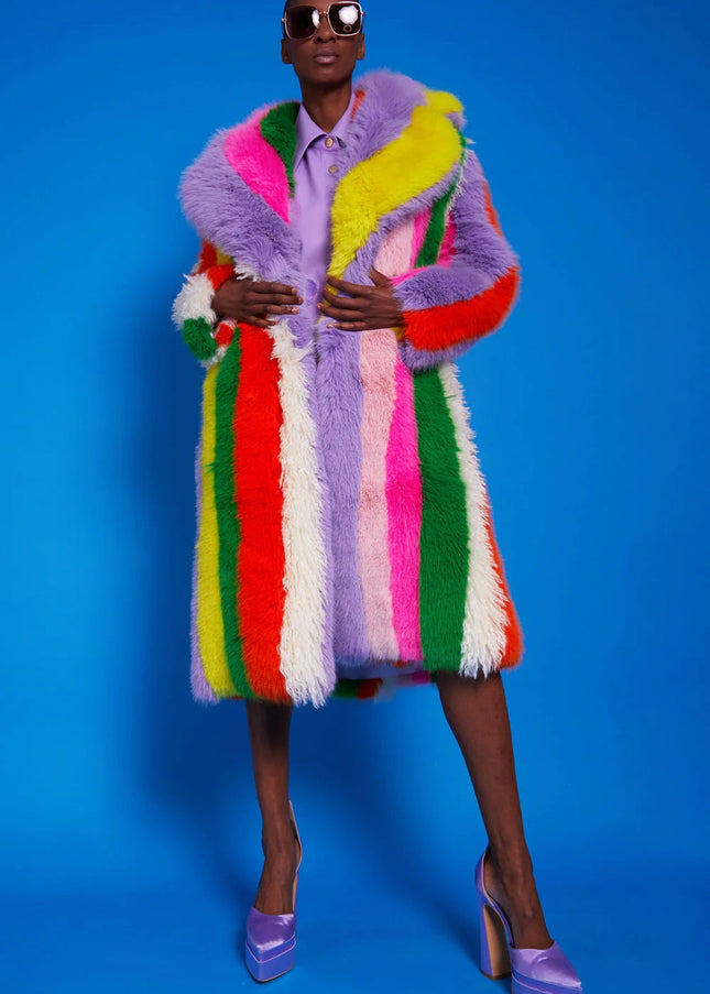 Rainbow Faux Fur Hand Crafted Eco Bamboo Maxi Coat-3