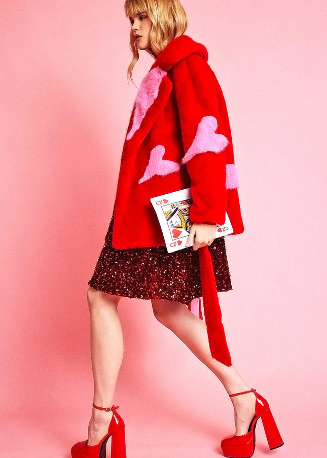 Red Eco Bamboo Faux Fur Coat with Love Heart Detailing-0