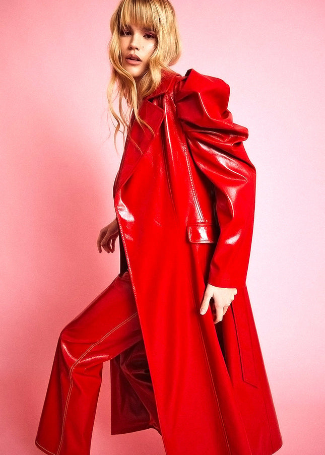 Red Eco Leather Grande Maxi Trench Coat-1