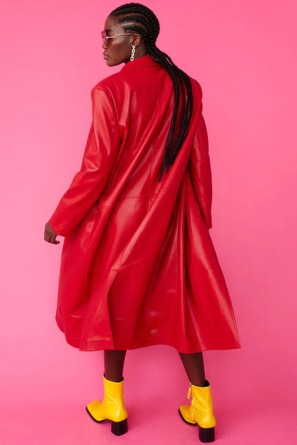 Red Eco Leather Trench Coat-3