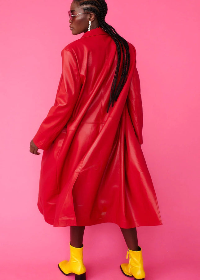 Red Eco Leather Trench Coat-3