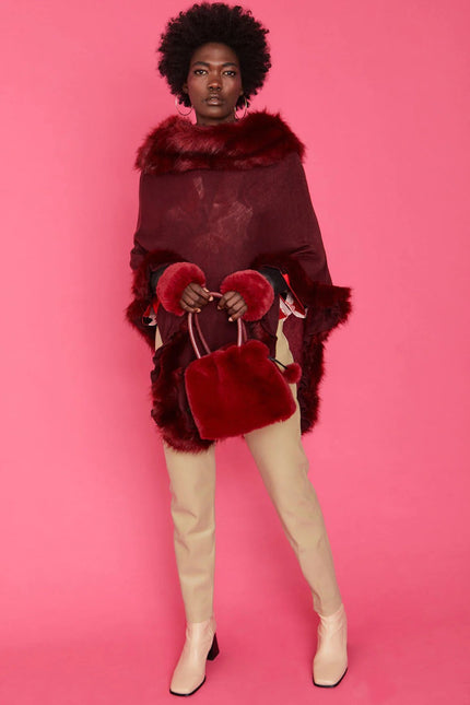 Red Faux Fur Pom-Pom Drawstring Bucket Bag-0