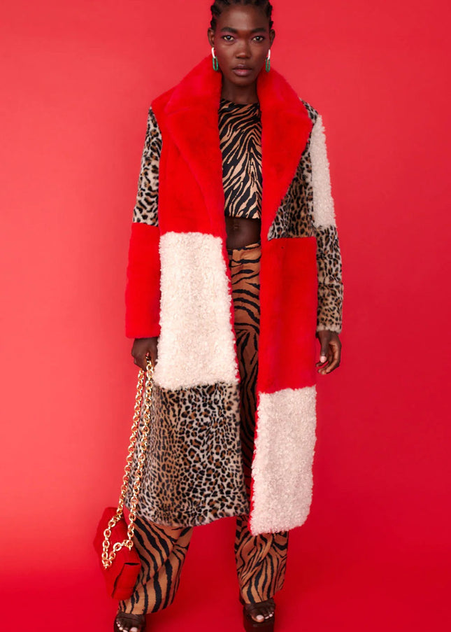 Red Faux Fur and Faux Shearling Maxi Coat-0