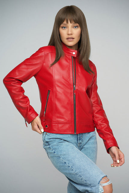 Red Genuine Cropped Leather Jacket-0