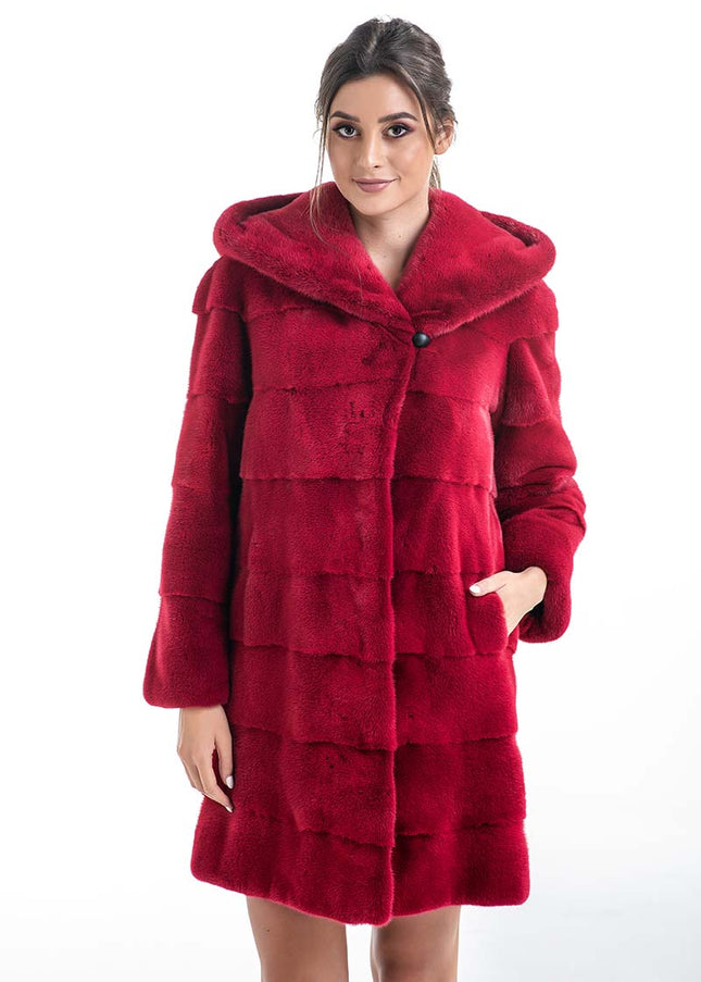 Red Genuine Mink Fur Midi Hooded Coat-0