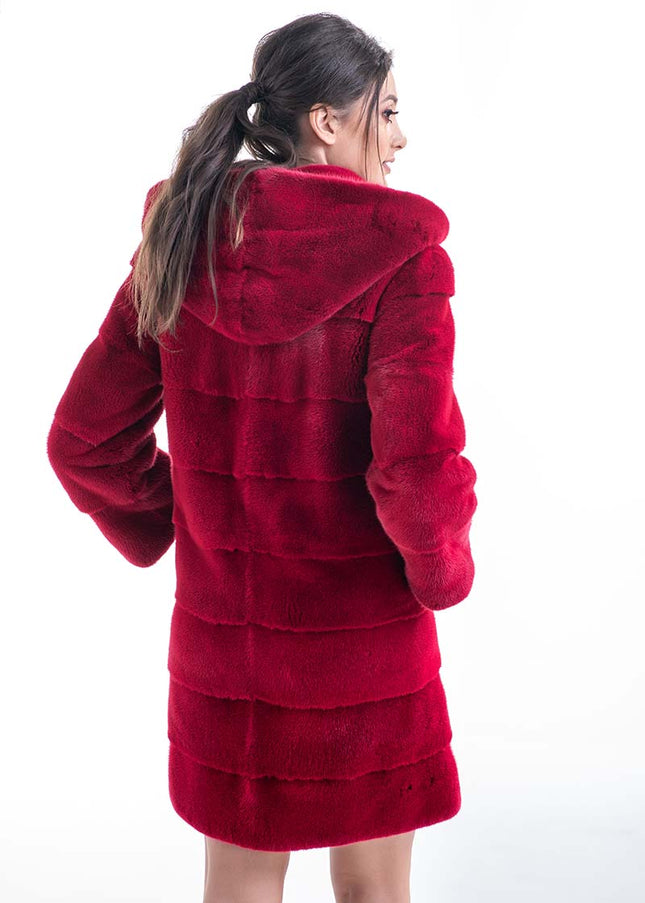 Red Genuine Mink Fur Midi Hooded Coat-1