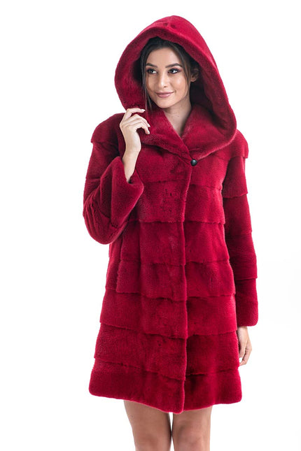 Red Genuine Mink Fur Midi Hooded Coat-2