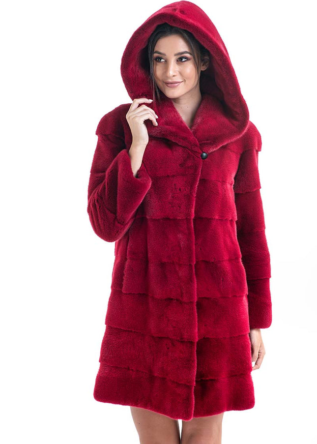 Red Genuine Mink Fur Midi Hooded Coat-2