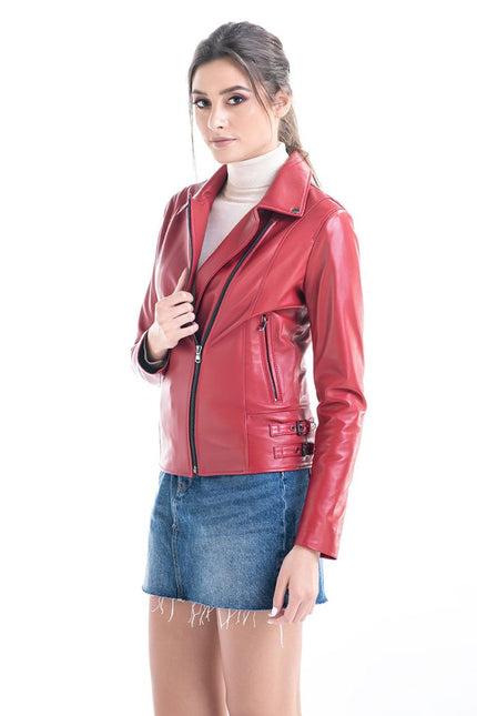 Red Genuine Sheepskin Jacket with Diagonal Zipper-0