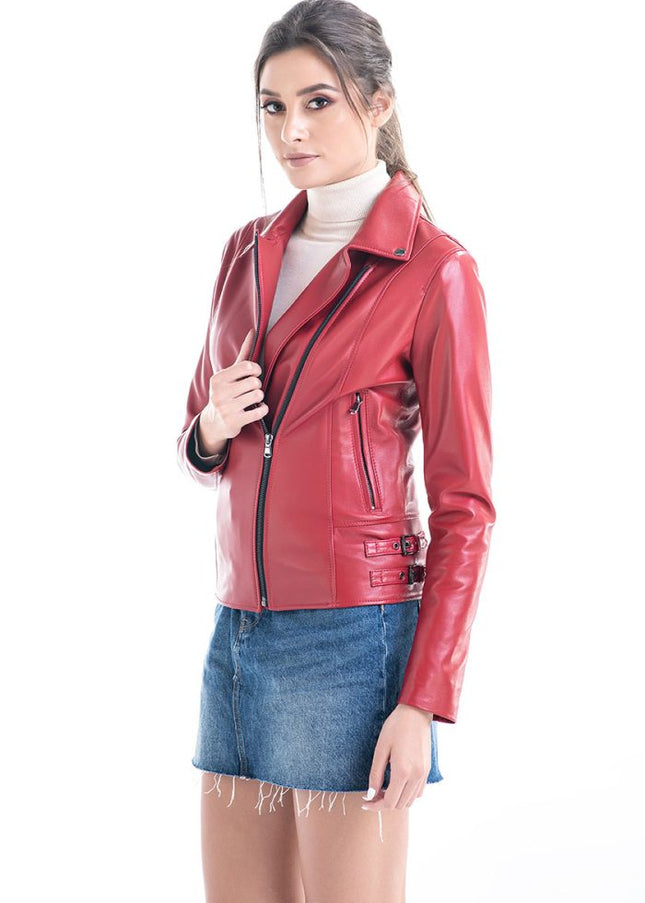 Red Genuine Sheepskin Jacket with Diagonal Zipper-0