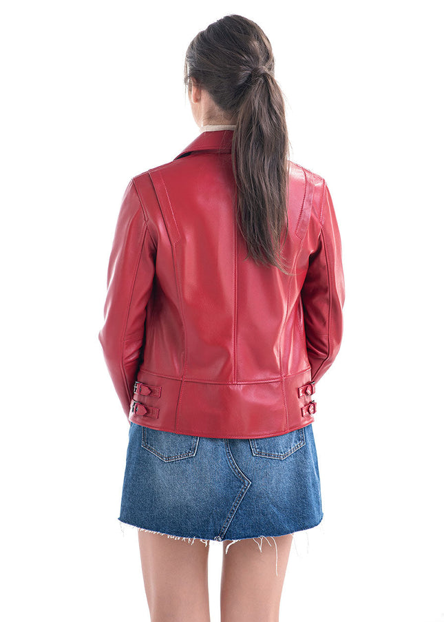 Red Genuine Sheepskin Jacket with Diagonal Zipper-1