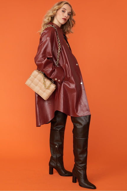 Red Oversized Faux Suede Leather Trench Coat with Exaggerated Collar-2