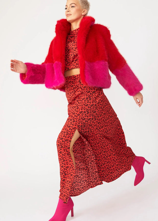 Red Pink Bamboo Faux Fur Double Cropped Coat-0