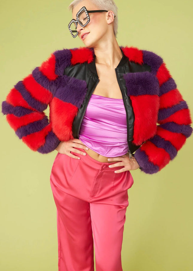 Red - Purple Faux Fur Stripe Bomber Jacket-1