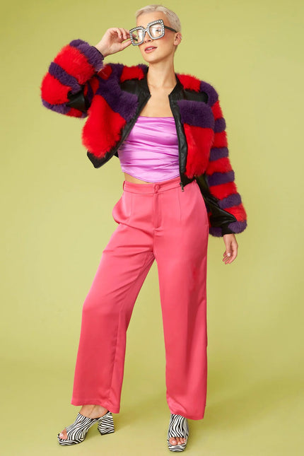 Red - Purple Faux Fur Stripe Bomber Jacket-2