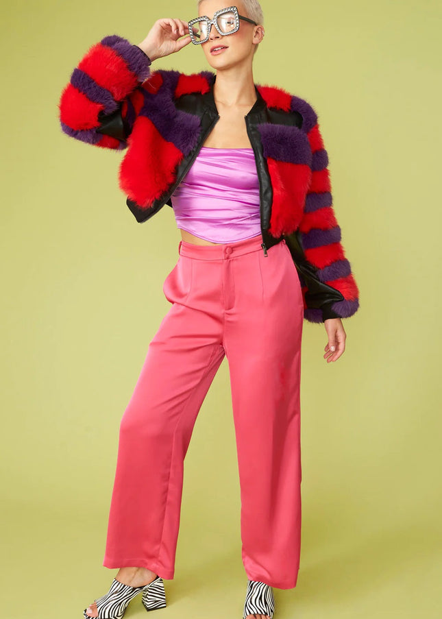 Red - Purple Faux Fur Stripe Bomber Jacket-2