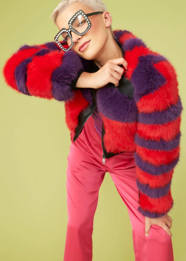 Red - Purple Faux Fur Stripe Bomber Jacket-0