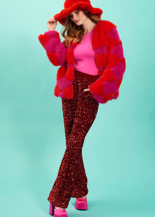 Red Sequin Flared Trousers-1