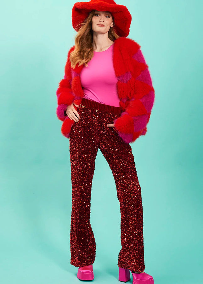 Red Sequin Flared Trousers-0