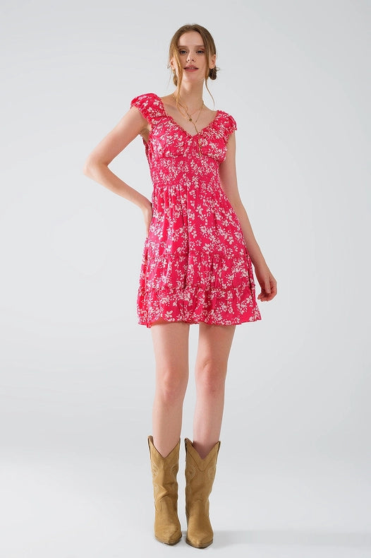 Red Short Dress with White Floral Print and Elastic Waist