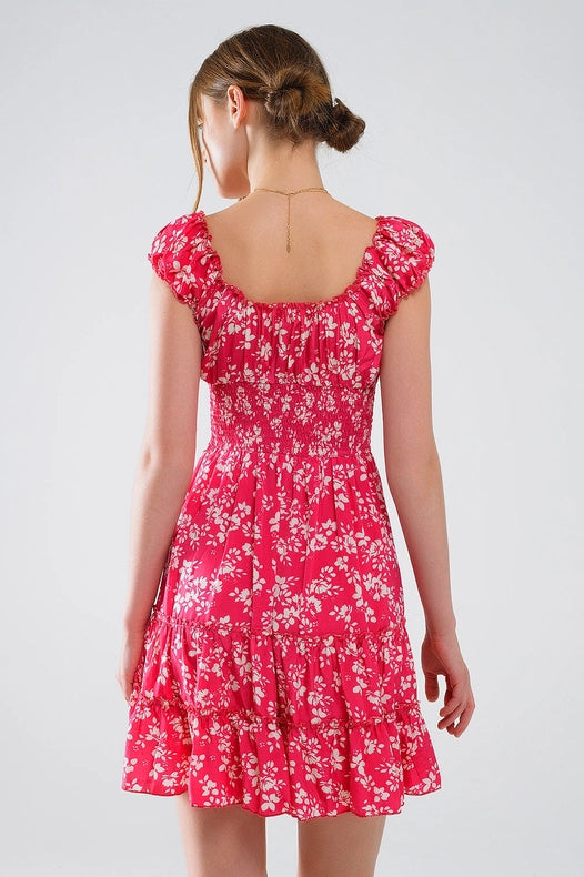 Red Short Dress with White Floral Print and Elastic Waist