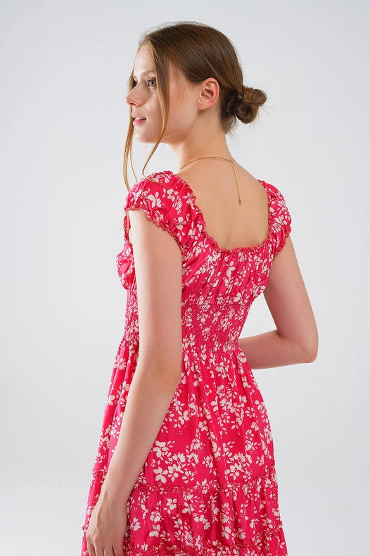 Red Short Dress with White Floral Print and Elastic Waist