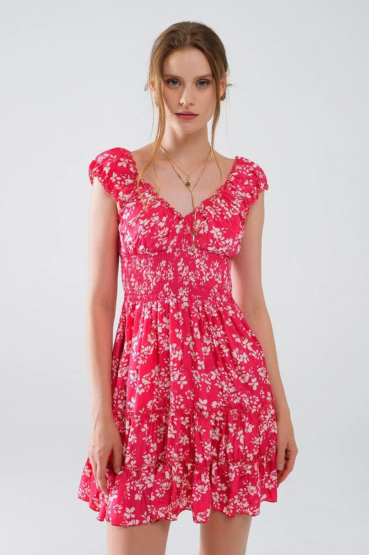 Red Short Dress with White Floral Print and Elastic Waist