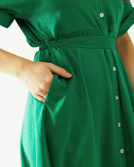 Relaxed Belted Mini Dress With Button Placked Down The Front