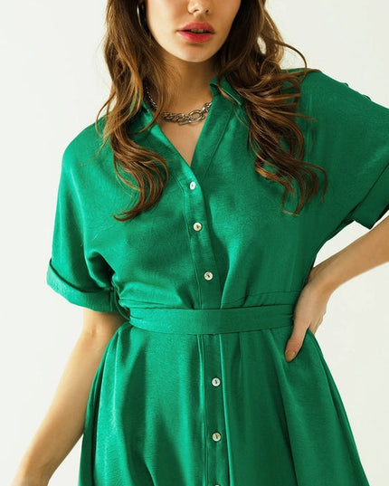 Relaxed Belted Mini Dress With Button Placked Down The Front