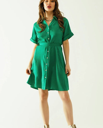 Relaxed Belted Mini Dress With Button Placked Down The Front