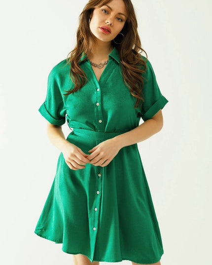 Relaxed Belted Mini Dress With Button Placked Down The Front