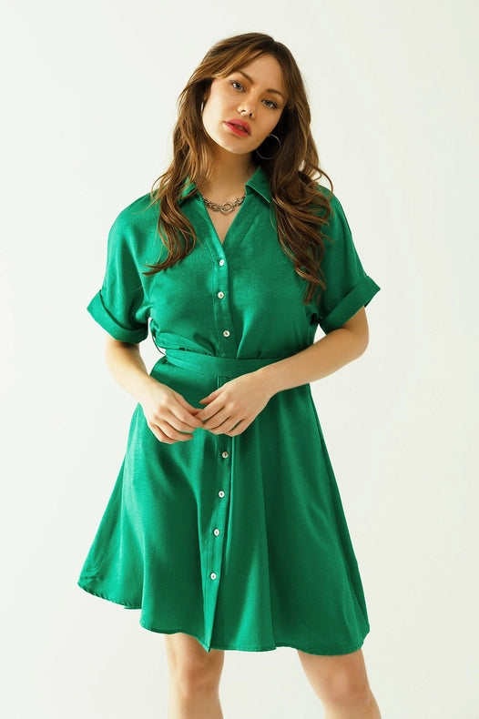 Relaxed Belted Mini Dress With Button Placked Down The Front