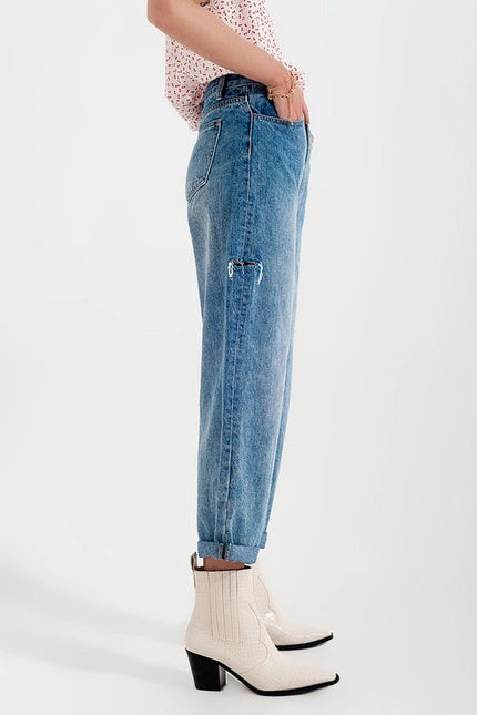 Relaxed Fit Side Rip Jeans In Mid Blue