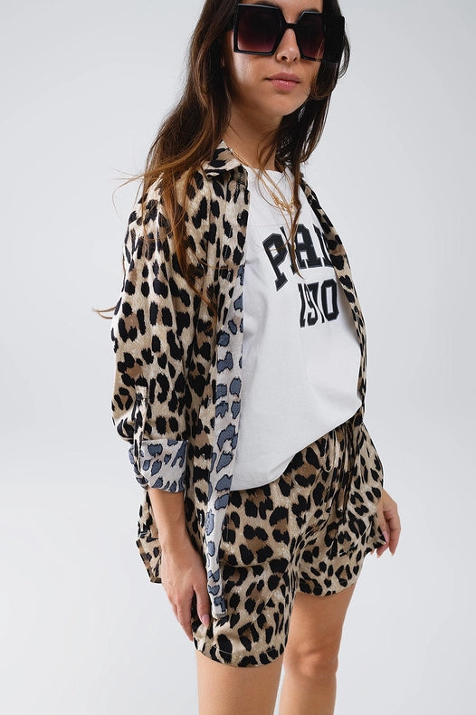 Relaxed Leopard Print High-Low Shirt with Long Sleeves