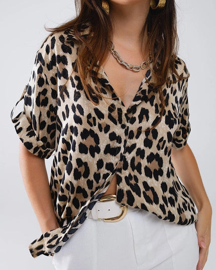 Relaxed Leopard Print Shirt with Rolled Cuffs