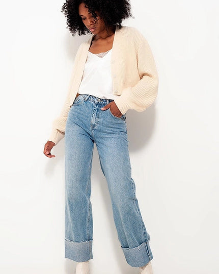 Relaxed Straight Leg Jeans With Turn Up In Bleach Wash