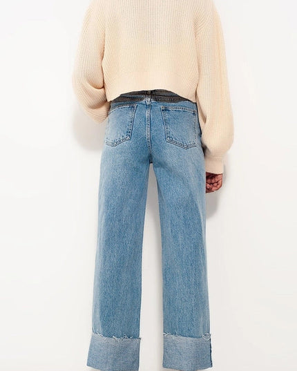 Relaxed Straight Leg Jeans With Turn Up In Bleach Wash