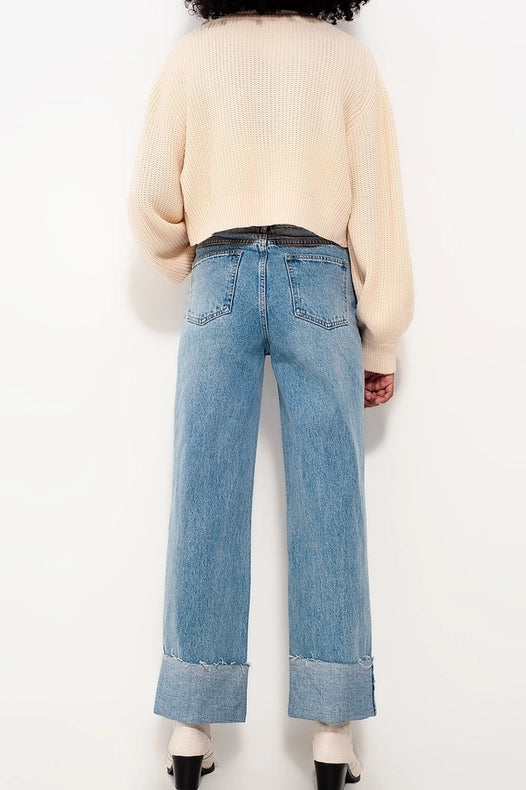 Relaxed Straight Leg Jeans With Turn Up In Bleach Wash