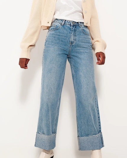 Relaxed Straight Leg Jeans With Turn Up In Bleach Wash