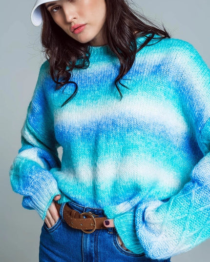 Relaxed Sweater with Ombre Print in Shades of Blue and Argyl