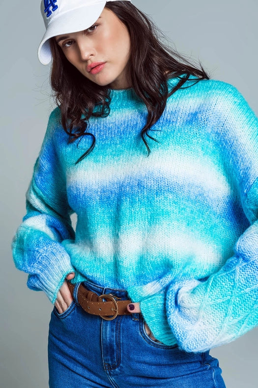 Relaxed Sweater with Ombre Print in Shades of Blue and Argyl