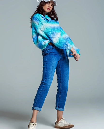 Relaxed Sweater with Ombre Print in Shades of Blue and Argyl